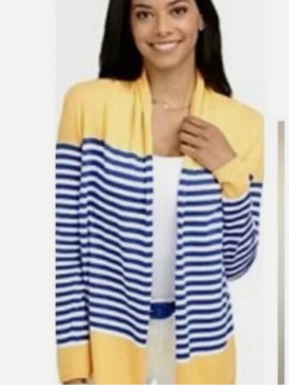 Talbots Navy Yellow White Striped Open-Front Cardigan size small